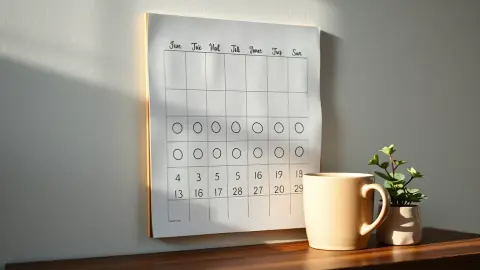 Calendar with a row of marked days next to a mug and a plant