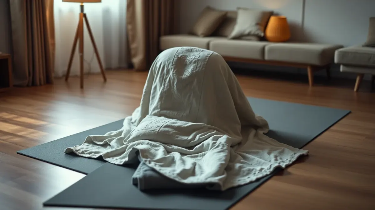 Blanket and pillow arranged on a yoga mat for lying-down meditation