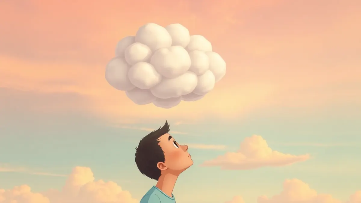Illustration of thought clouds drifting away from a calm person