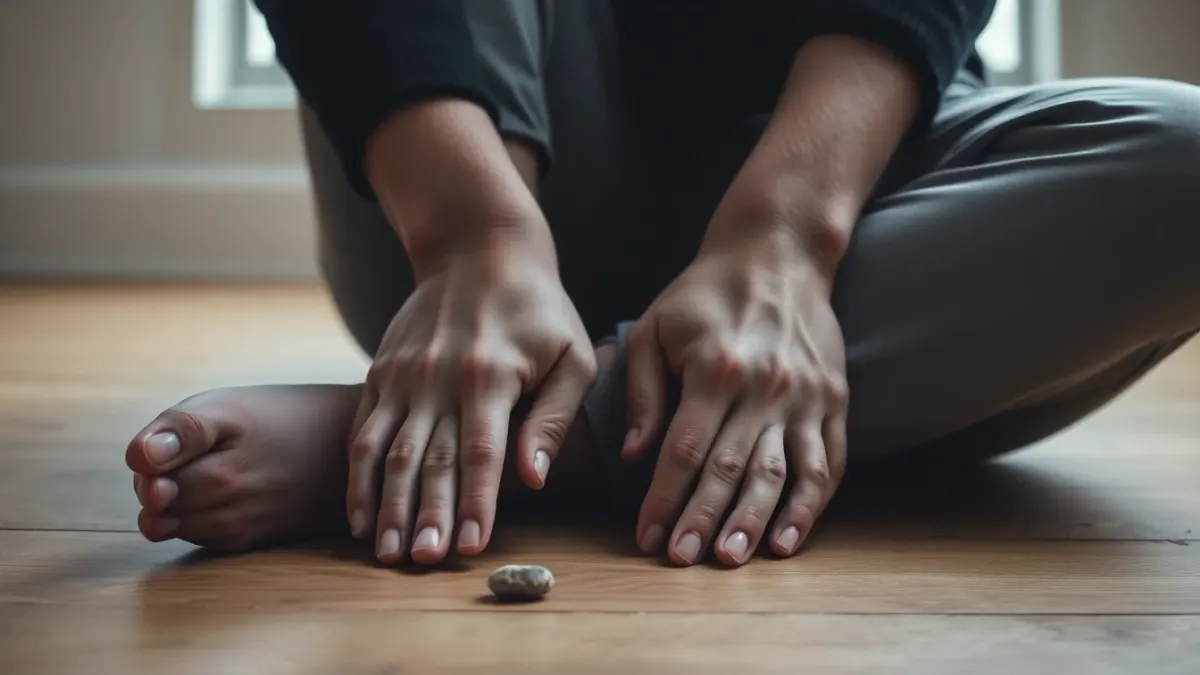Hands resting on knees on a wooden floor with a small pebble nearby