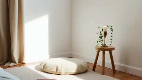 Small meditation corner with a floor cushion, blanket, low lamp and plant