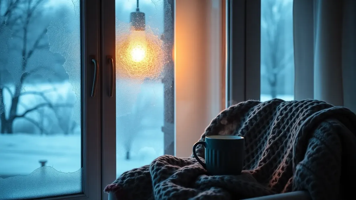 Warm lamp, blanket and mug by a frosty window before dawn
