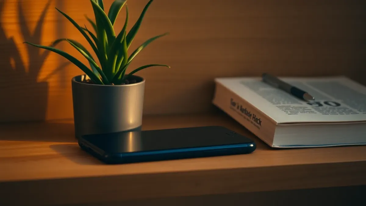 Phone face down on a shelf beside a plant and a book