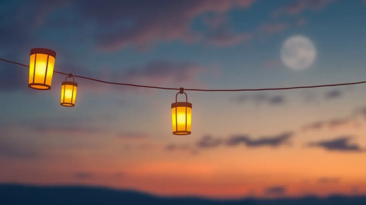 Row of glowing lanterns in the evening sky, symbolizing a streak of days