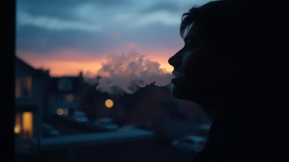 Person at a window at dusk breathing out slowly