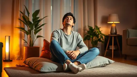 Beginner meditating on a floor cushion in a quiet living room