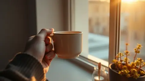 Hands around a warm mug by a sunlit window, a gratitude moment
