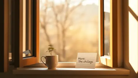 Sunlit windowsill with a ceramic cup and a small plant