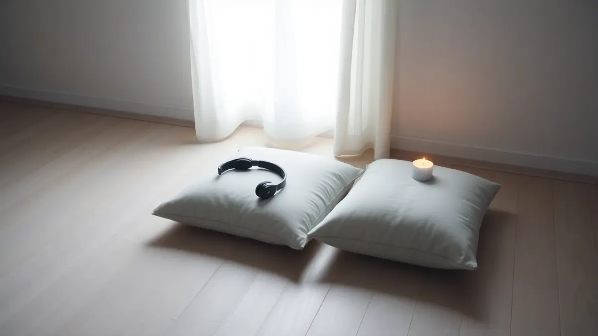 Two meditation cushions, one with headphones and one with a candle