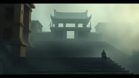 Misty ancient temple steps with a seated silhouette, evoking the history of meditation
