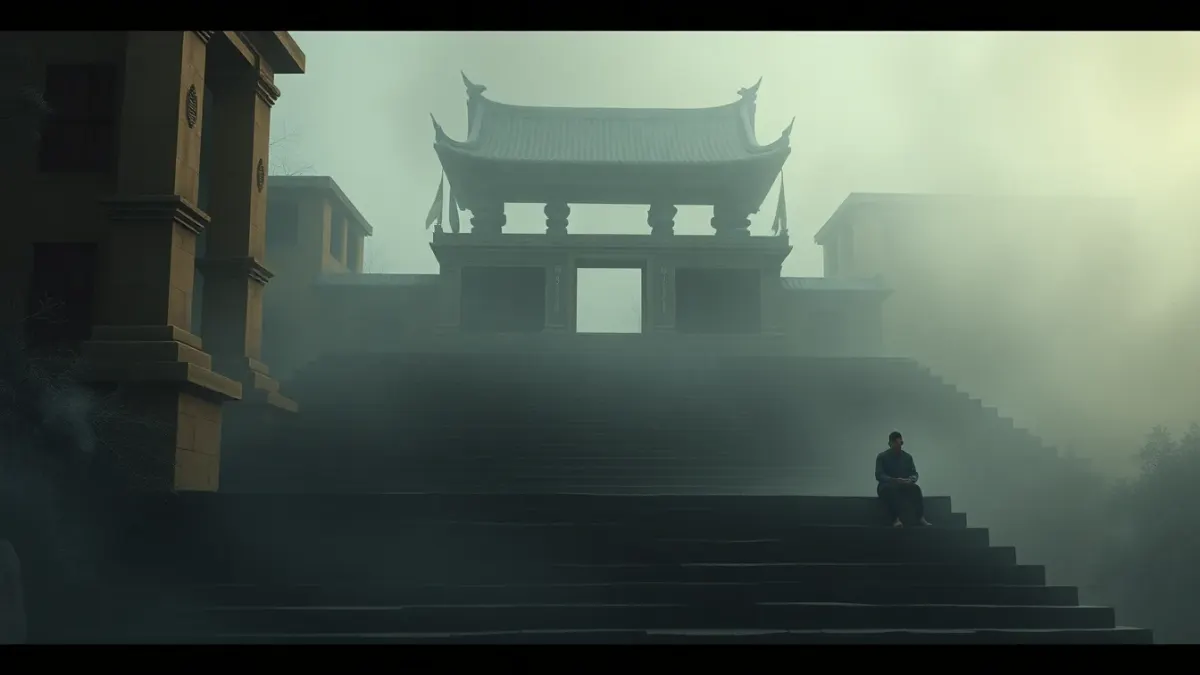 Misty ancient temple steps with a seated silhouette, evoking the history of meditation