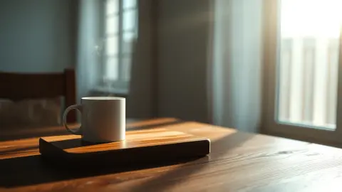 Hourglass and a mug on a table in soft morning light