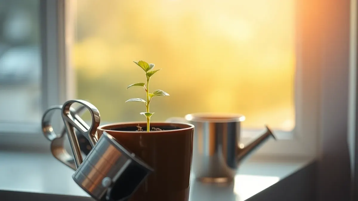 Young seedling on a windowsill next to a small watering can
