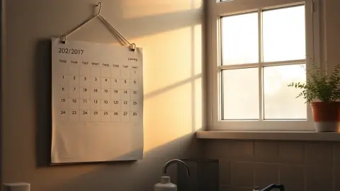 Wall calendar with some days circled beside a sunny window