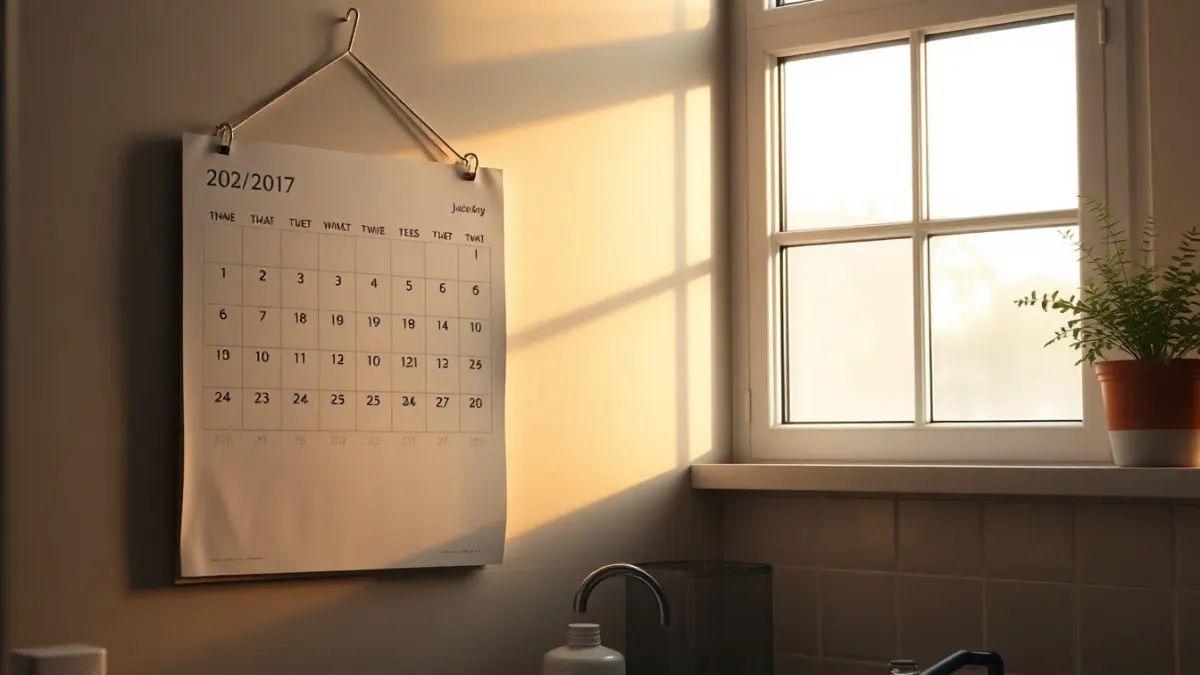 Wall calendar with some days circled beside a sunny window