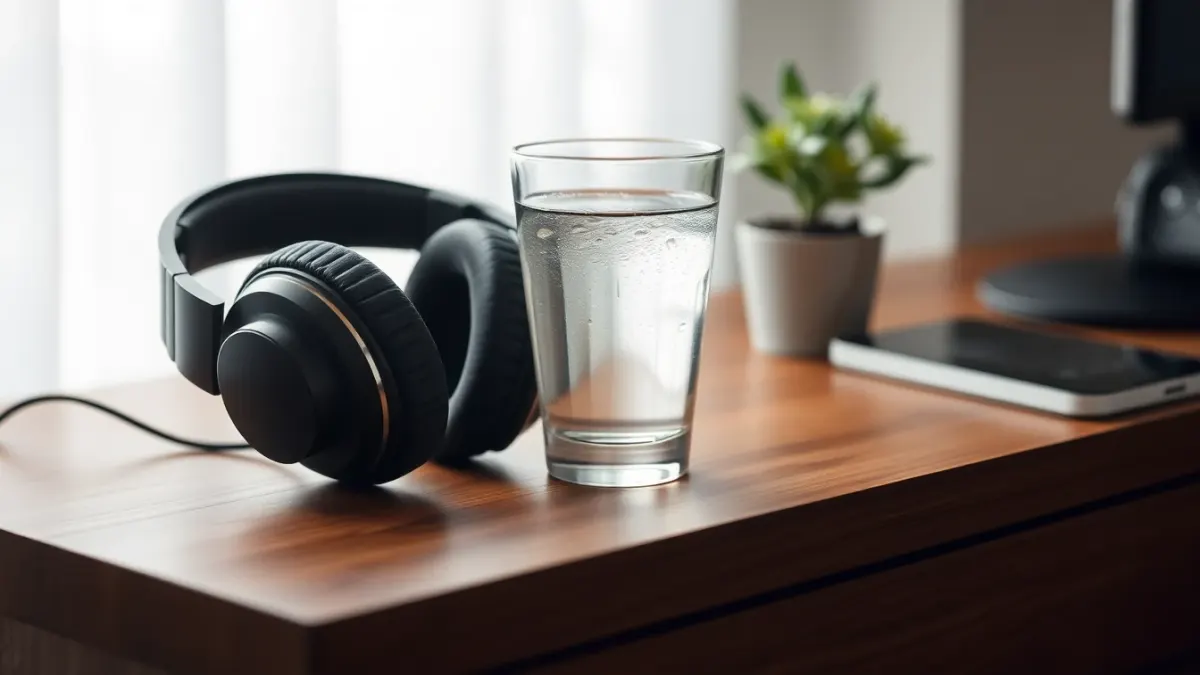 Headphones on a desk beside a glass of water with ripples