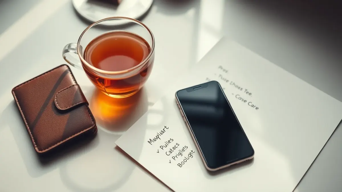 Phone, tea and a pros and cons list on a desk