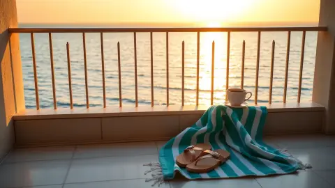 Balcony at sunrise above the sea with coffee and sandals