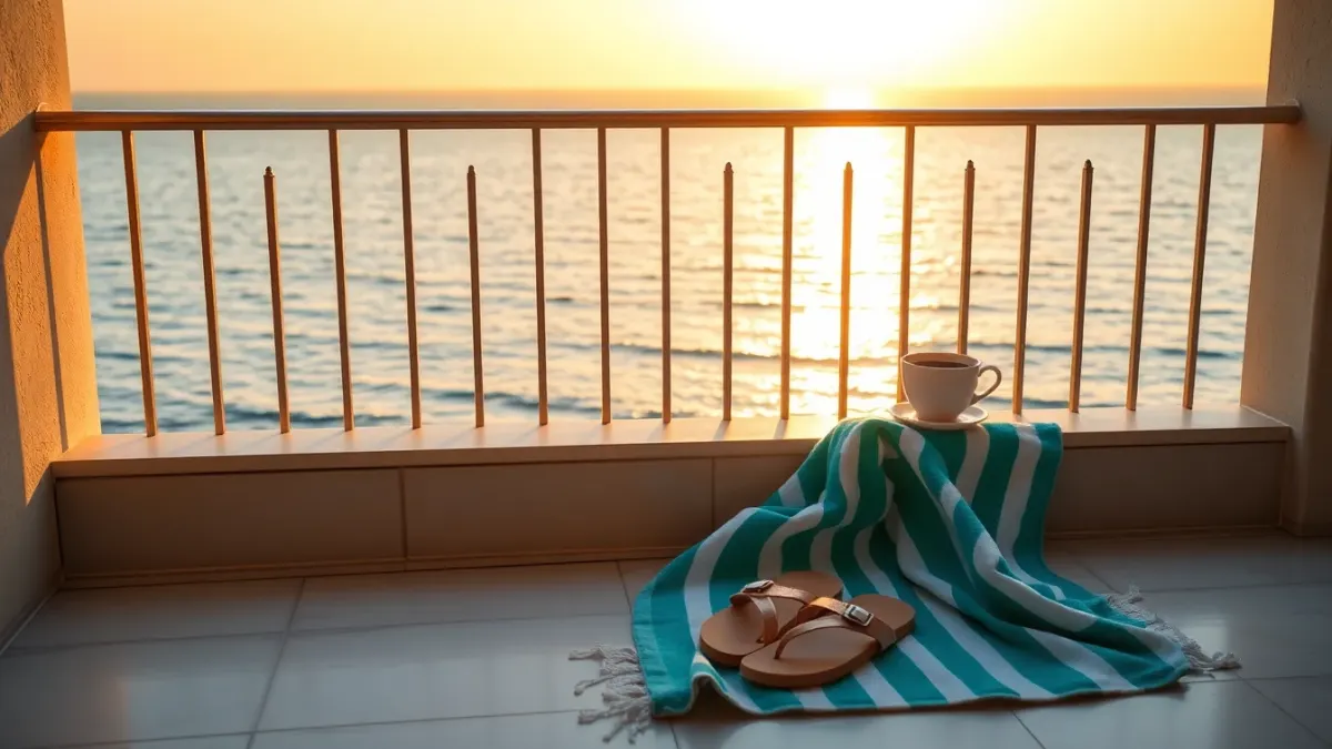 Balcony at sunrise above the sea with coffee and sandals