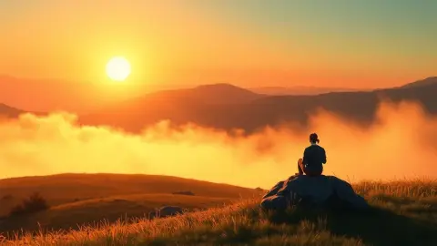 Person sitting on a hillside at sunrise in a peaceful loving-kindness moment