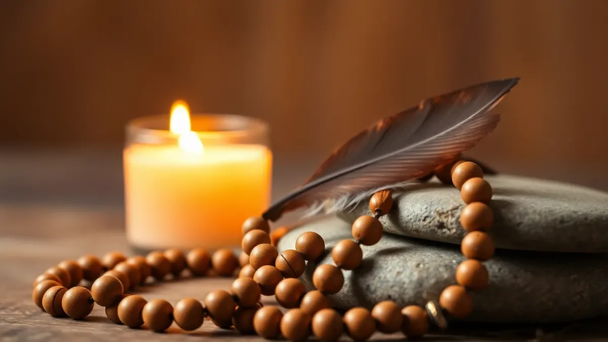 Wooden beads and a candle, symbolizing mantra meditation