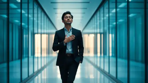 Professional standing in a bright corridor, eyes closed, preparing for a meeting
