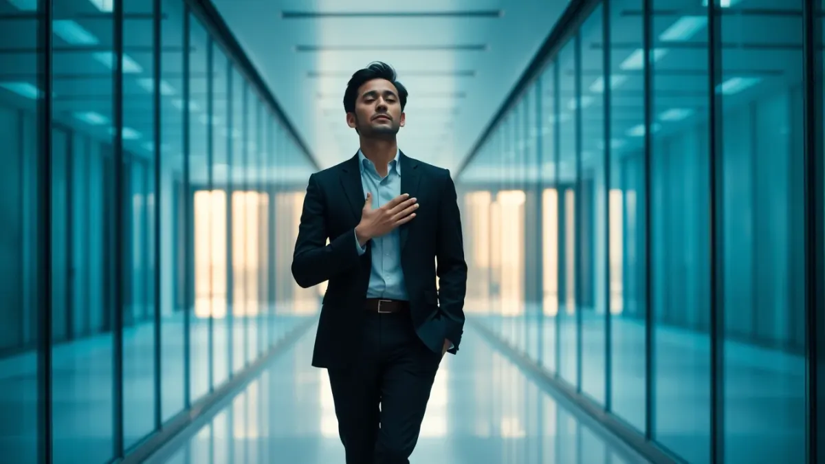 Professional standing in a bright corridor, eyes closed, preparing for a meeting
