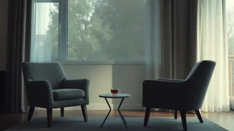 Two empty chairs facing each other in a softly lit room before a conversation