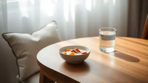 Bowl of porridge and fruit on a wooden table in morning light