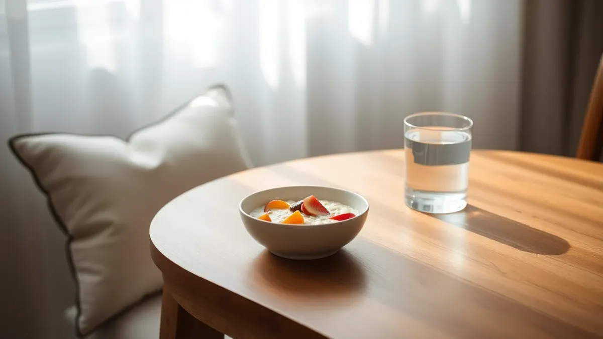 Bowl of porridge and fruit on a wooden table in morning light