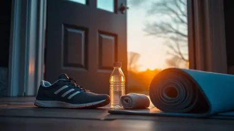 Running shoes, yoga mat and water bottle by a door at sunrise