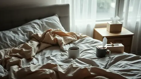 Cozy bed with tea on the nightstand on a rainy day