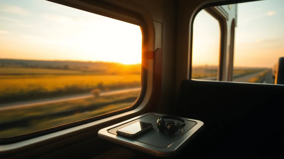 Phone and headphones on a train tray table with countryside passing by