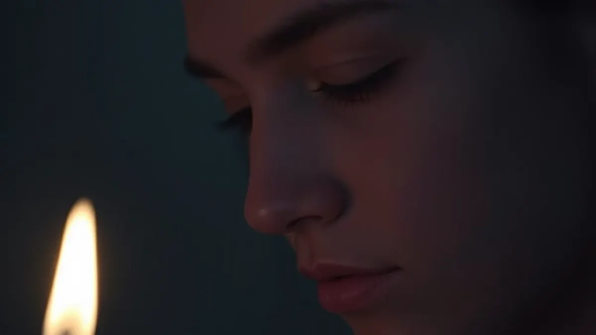 Candle flame softly glowing in a dim room
