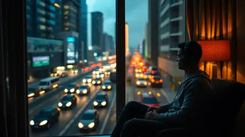Person sitting calmly with headphones in an apartment while the city moves outside