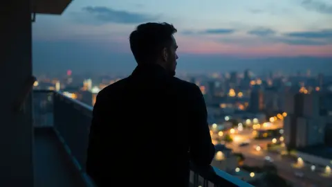 Person standing on a balcony at dusk with hands on the railing