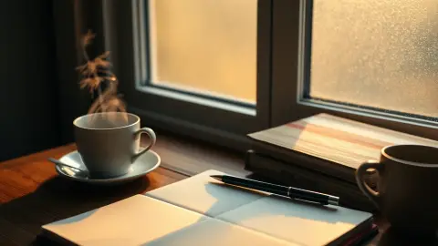 Open notebook and pen on a desk by a misty morning window