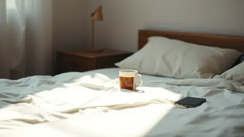 Quiet bedroom in morning light with tea and a phone on the nightstand