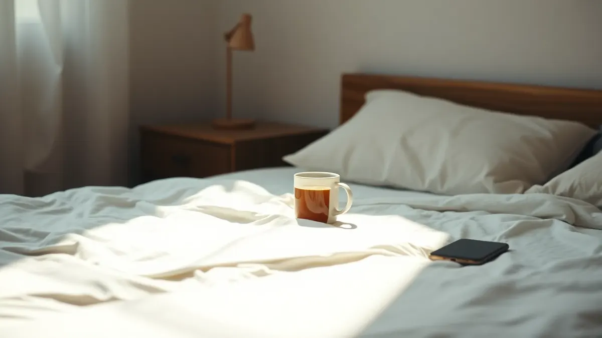 Quiet bedroom in morning light with tea and a phone on the nightstand