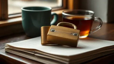 Brass padlock on a closed notebook next to a cup of tea