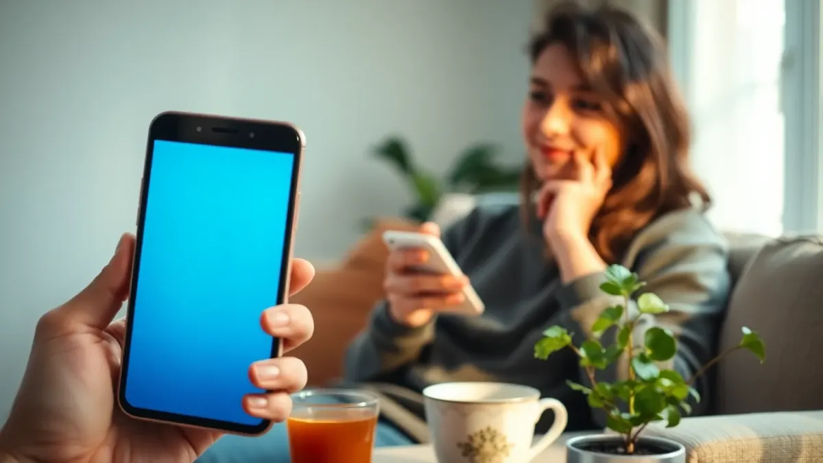 Person on a sofa thoughtfully holding a phone, tea on the table
