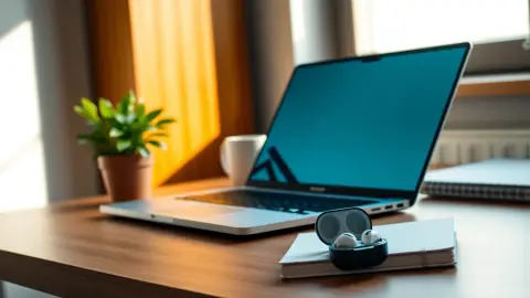 Tidy desk with plant, notebook and earbuds in afternoon light