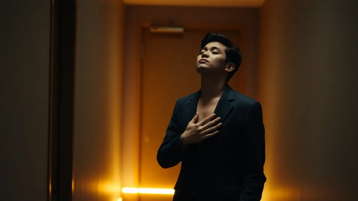 Person breathing calmly in a backstage corridor before stepping out to speak