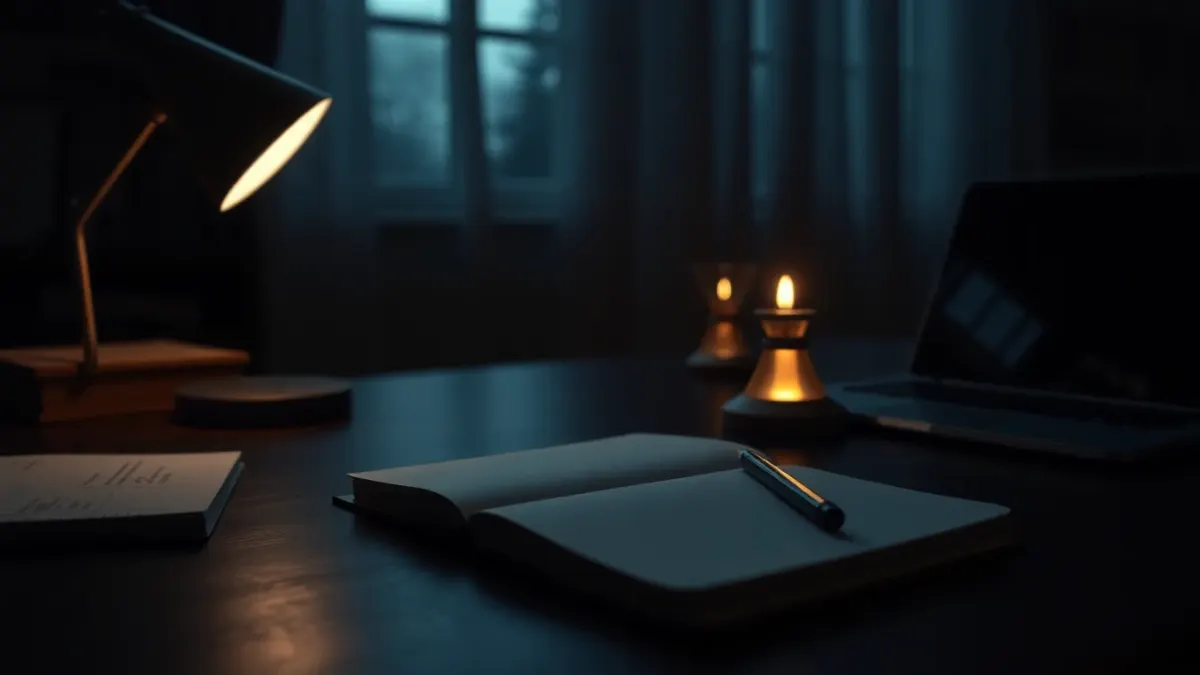 Quiet desk with a notebook and a lamp before a focus session