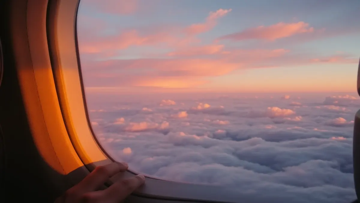 Calm hand resting on an airplane armrest with a sunrise sky in the window
