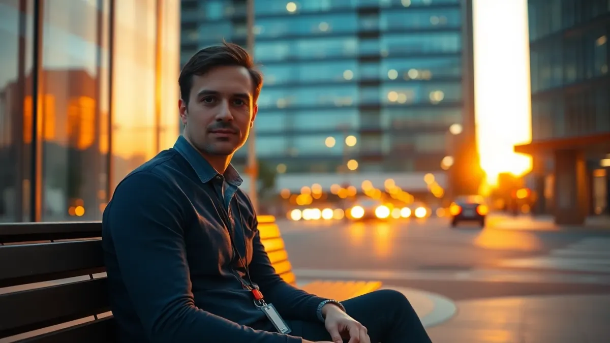 Person sitting on a bench outside an office building before their first day