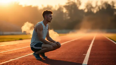Athlete sitting calmly on a running track at sunrise with eyes closed