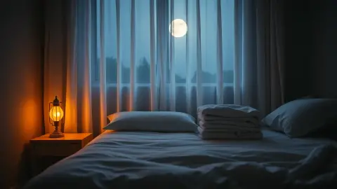 Bedside lamp glowing in a calm moonlit bedroom
