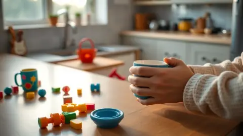 Parent holding a mug in a kitchen with a child's cup and toys nearby