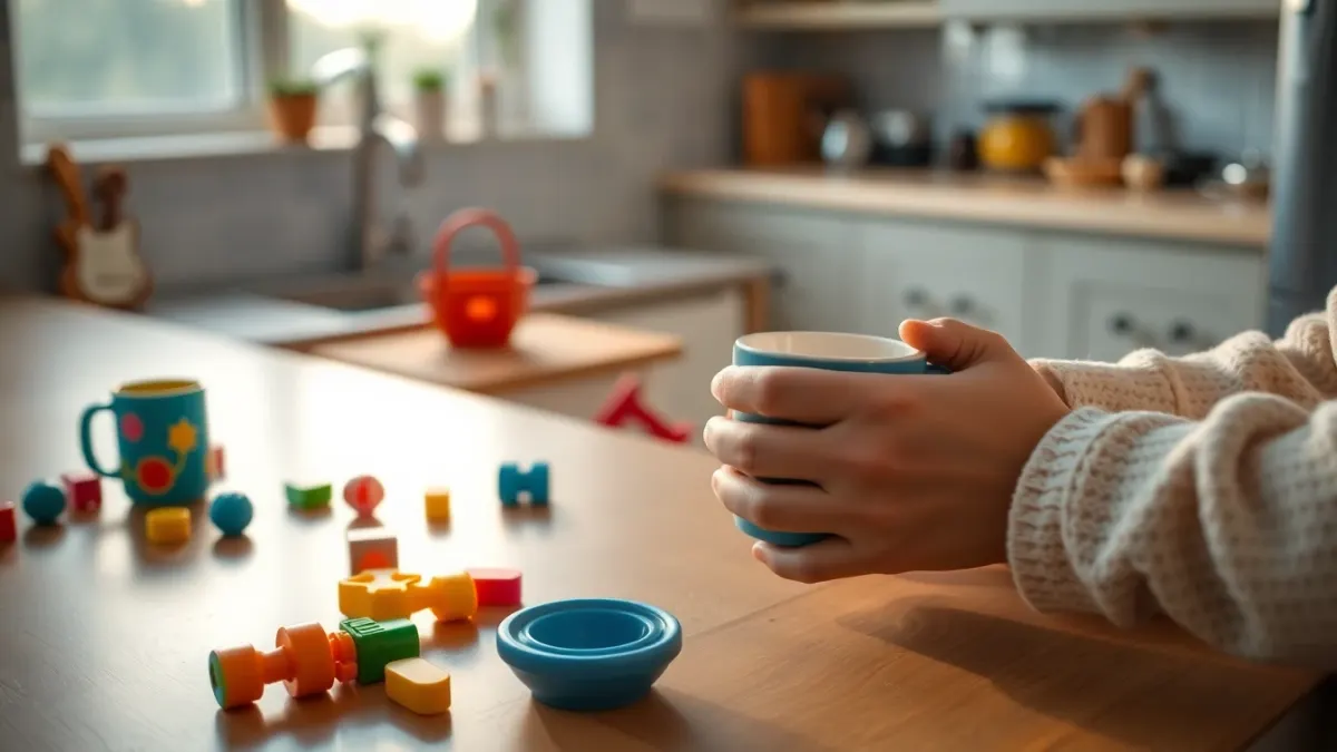 Parent holding a mug in a kitchen with a child's cup and toys nearby
